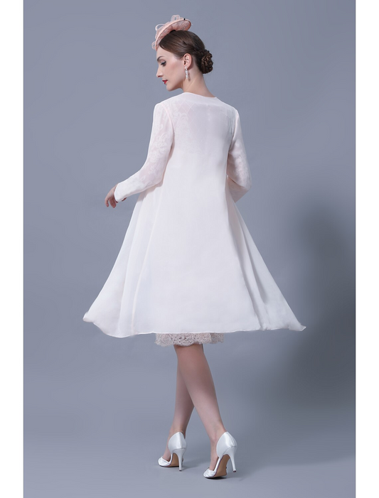 Two Piece Mother of the Bride Dress Church Elegant Jewel Neck Knee Length Lace Sleeve with Embroidery