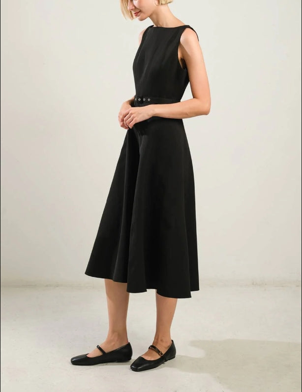 DingJiDress New Pattern Wedding Guest Dress Featuring Boat Neckline Sleeveless Full Skirt Self Belt Side Pocket Elegant Black Formal Dress Evening Dress