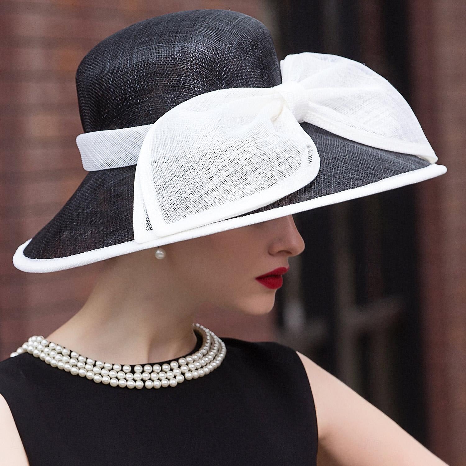 DingJiDress Hat Bucket Hat Sun Hat Wedding Tea Party Elegant Wedding With Bowknot Splicing Headpiece Headwear Size:M