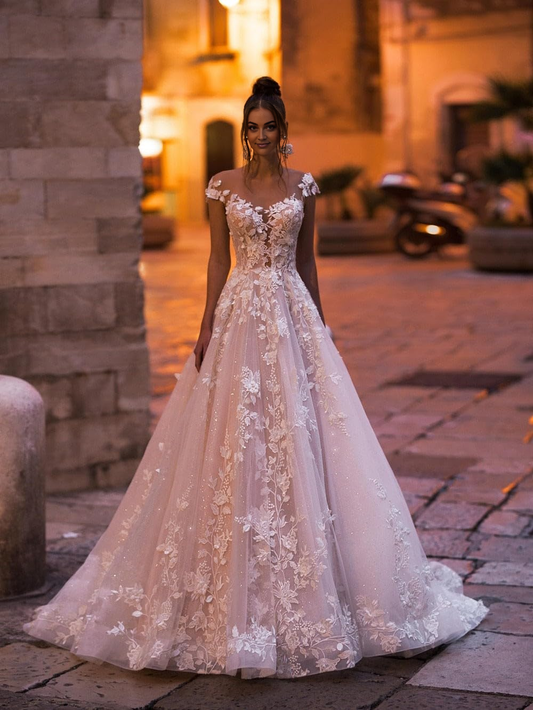 DingJiDress Wedding Dress A-Line V Back Sexy Elegant Glitter Lace Applique Floor Length Long Bridal Gown for Bride Formal Women's Dresses