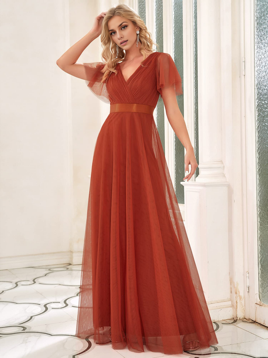 DingJiDress Bridesmaid Dresses Pleated V-Neck Empire Waist Front Wrap Romantic Tulle Elegant Formal Wear Dresses