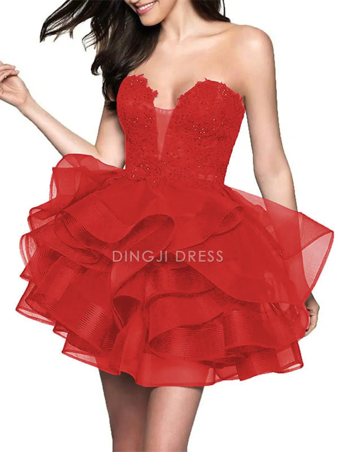 DingJiDress Hot Sale Short Prom Dress A-Line Sweetheart Cocktail Dresses Minimalist Dress Party Sleeveless Strapless Satin with Appliques Tiered New Homecoming Dress