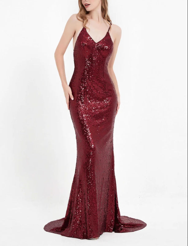 DingJiDress Evening Dress Charming Mermaid V Neck Spaghetti Straps Backless Lace up Bodycon Sequin Dress Sweep Train Sparkle Formal Dress