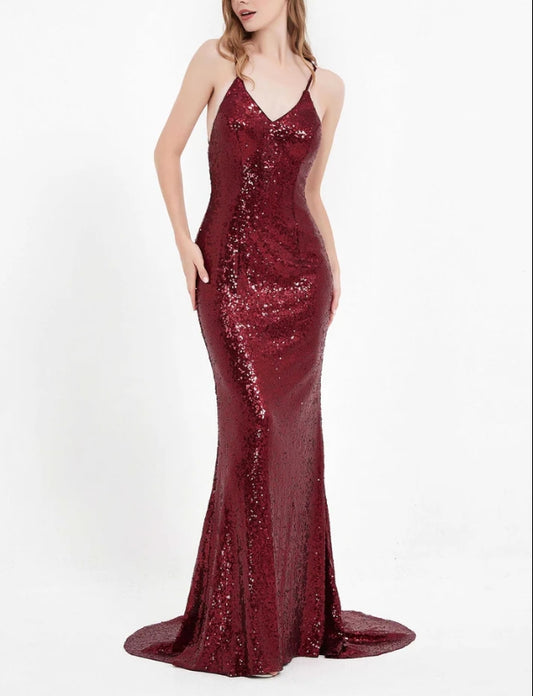 DingJiDress Evening Dress Charming Mermaid V Neck Spaghetti Straps Backless Lace up Bodycon Sequin Dress Sweep Train Sparkle Formal Dress