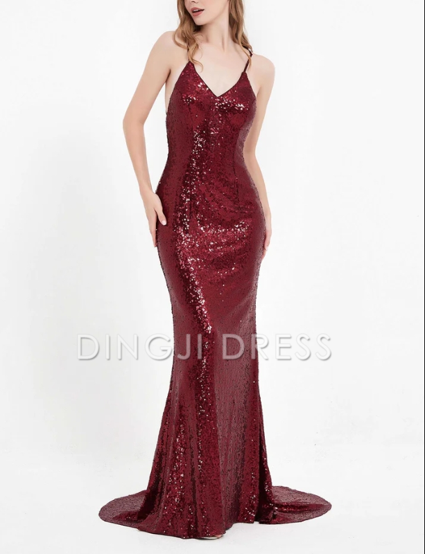 DingJiDress Evening Dress Charming Mermaid V Neck Spaghetti Straps Backless Lace up Bodycon Sequin Dress Sweep Train Sparkle Formal Dress