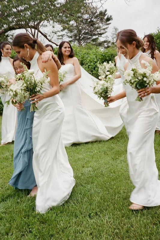 Modern Elegant White Sheath Halter Sleeveless Backless Low Cost Floor Length Bridesmaid Dresses