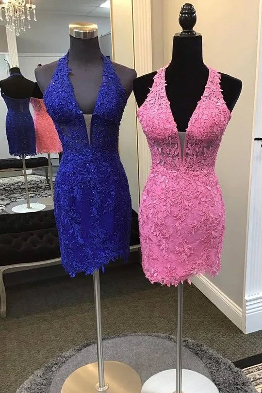 DingJiDress Homecoming Dress Pink Halter Applique Beaed Tight Graduation Dresses