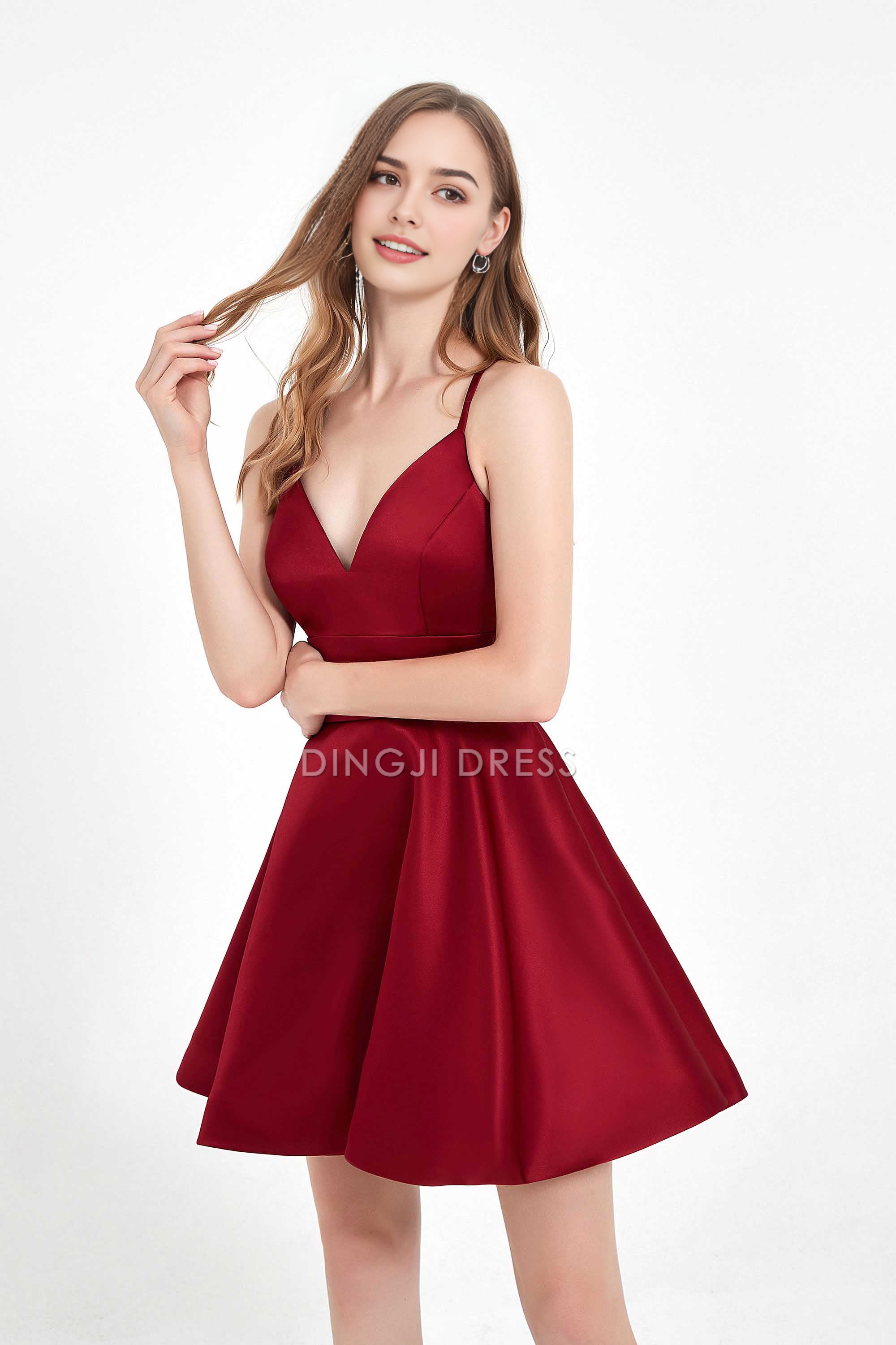 DingJiDress Hot Sale Homecoming Dress Fashion A Line V Neck Spaghetti Straps Backless Elegant Simple Mini Dresses