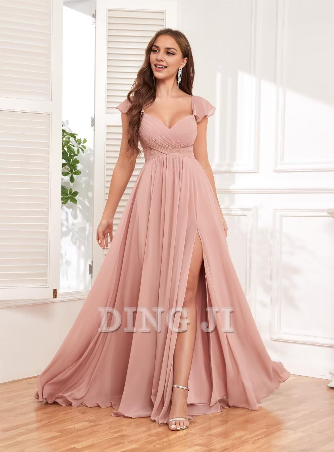 DingJiDress Bridesmaid Dresses Elegant Ruffle Chiffon Side Fork Pleated Backless Charming Formal Wear Dresses