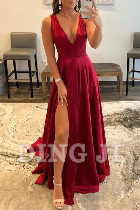 DingJiDress Evening Dress Deep V Neck Lace Long Prom Dress Backless High Fork Temperament Formal Women's Dresses Wedding Guest Dresses