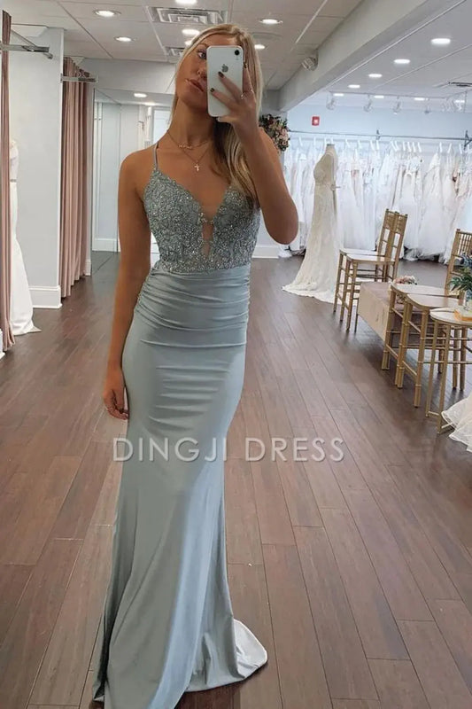 DingJiDress Exquisite Mermaid Spaghetti Straps Backless Lace Up Long Glitter Prom Dress