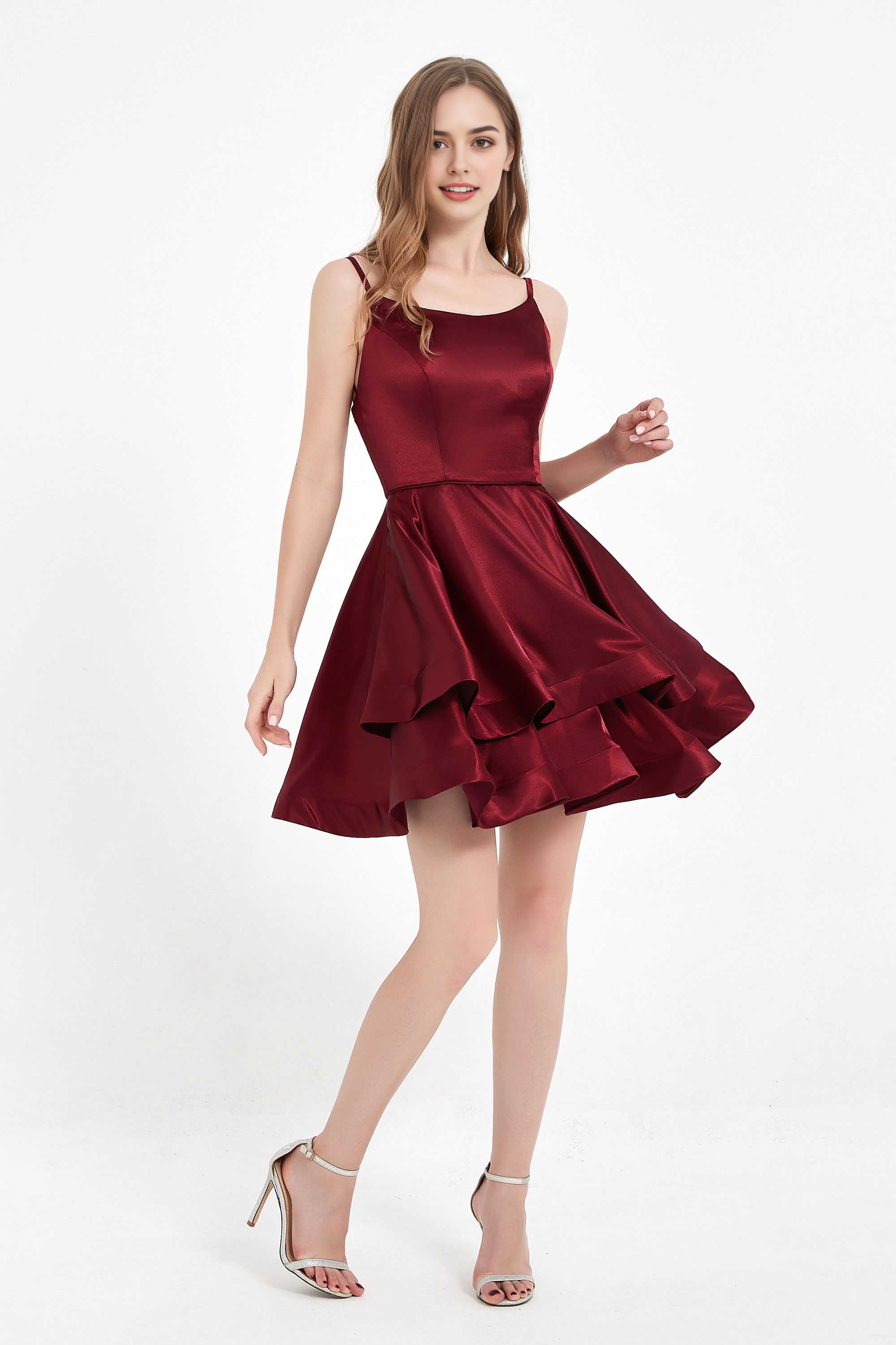 DingJiDress Hot Sale Homecoming Dress Fashion A Line Round Neck Spaghetti Straps Backless Double-Layer Ruched Simple Short Dress