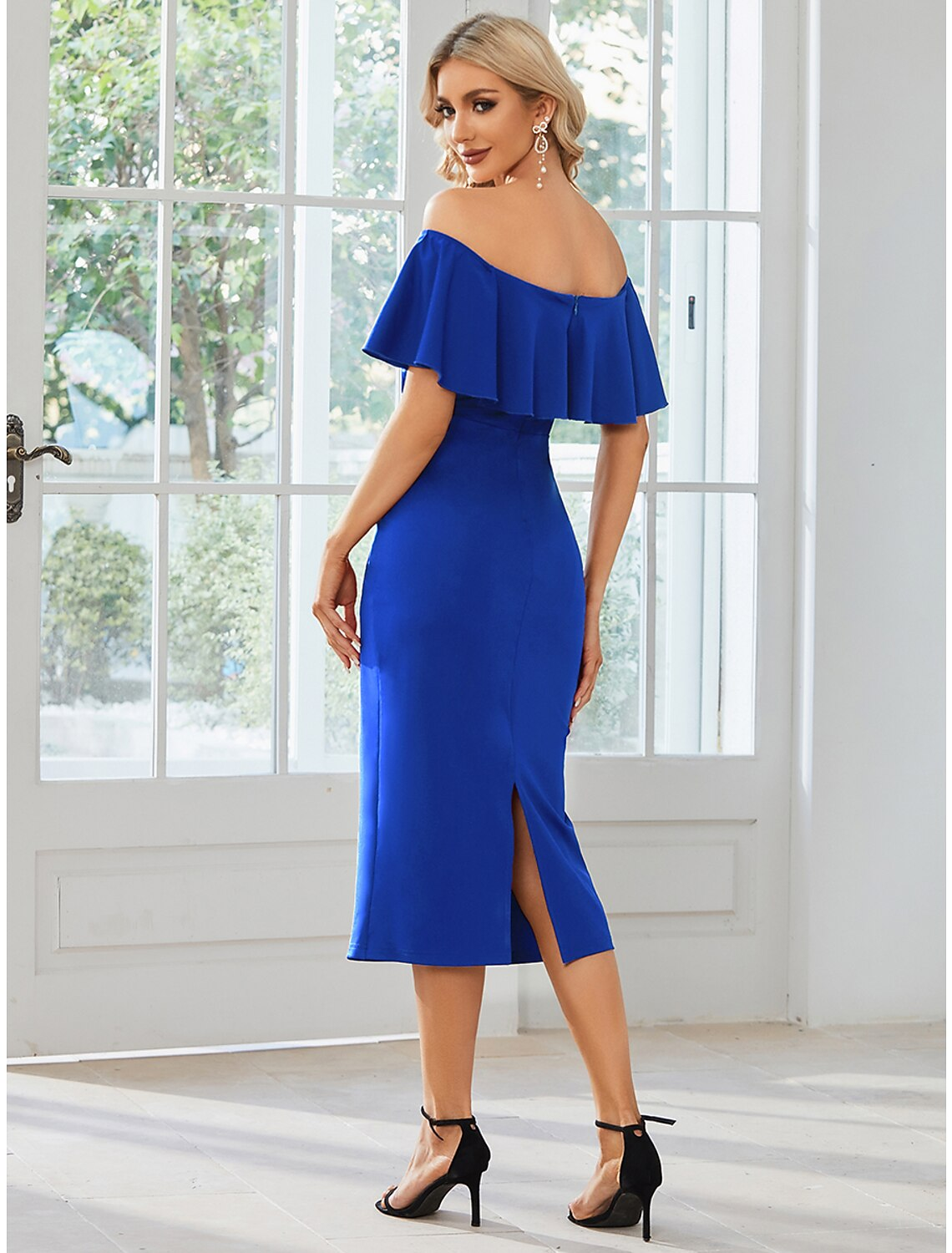 Wedding Guest Dresses Dress Party Wear Tea Length Short Sleeve Off Shoulder Stretch Fabric with Slit