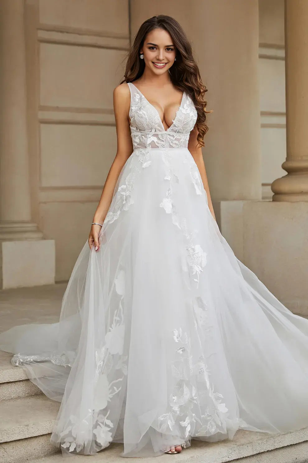 Elegant Tulle A Line Plunging V-neck Lace Applique Sleeveless Backless Affordable Hot Sale Wedding Dress