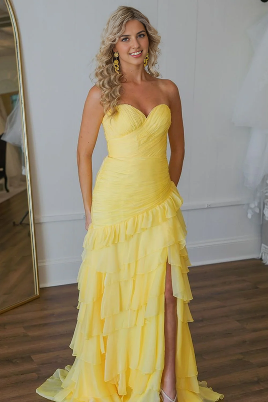 DingJiDress Stunning Mermaid Sweetheart Long Tiered Tulle with Slit Elegant Prom Dress