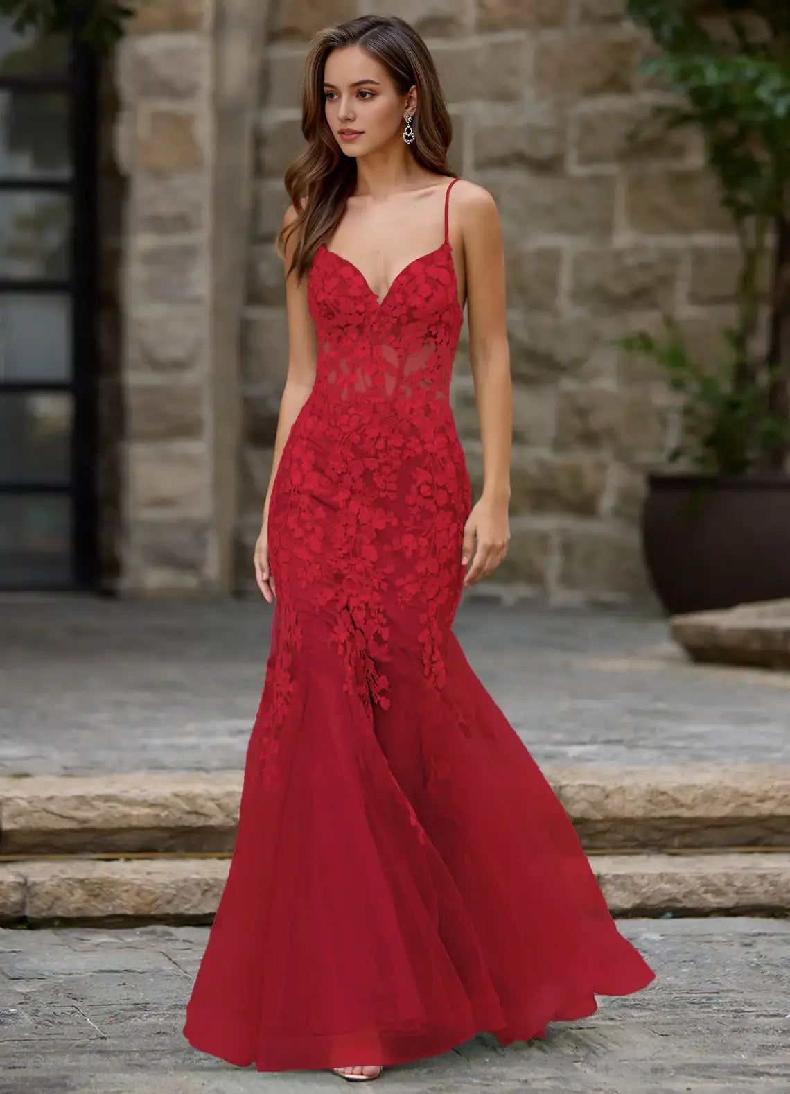 Elegant Red Mermaid Spaghetti Strap Deep V Neck Lace Applique Backless Affordable Formal Dress Exquisite Prom Dress