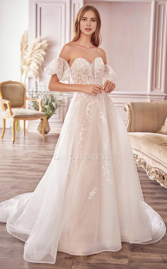 DingJiDress Hot Sale Wedding Dress Elegant A Line Off Shoulde Sweetheart Neckline Short Sleeves Backless Exquisite Lace Formal Wear Dresses