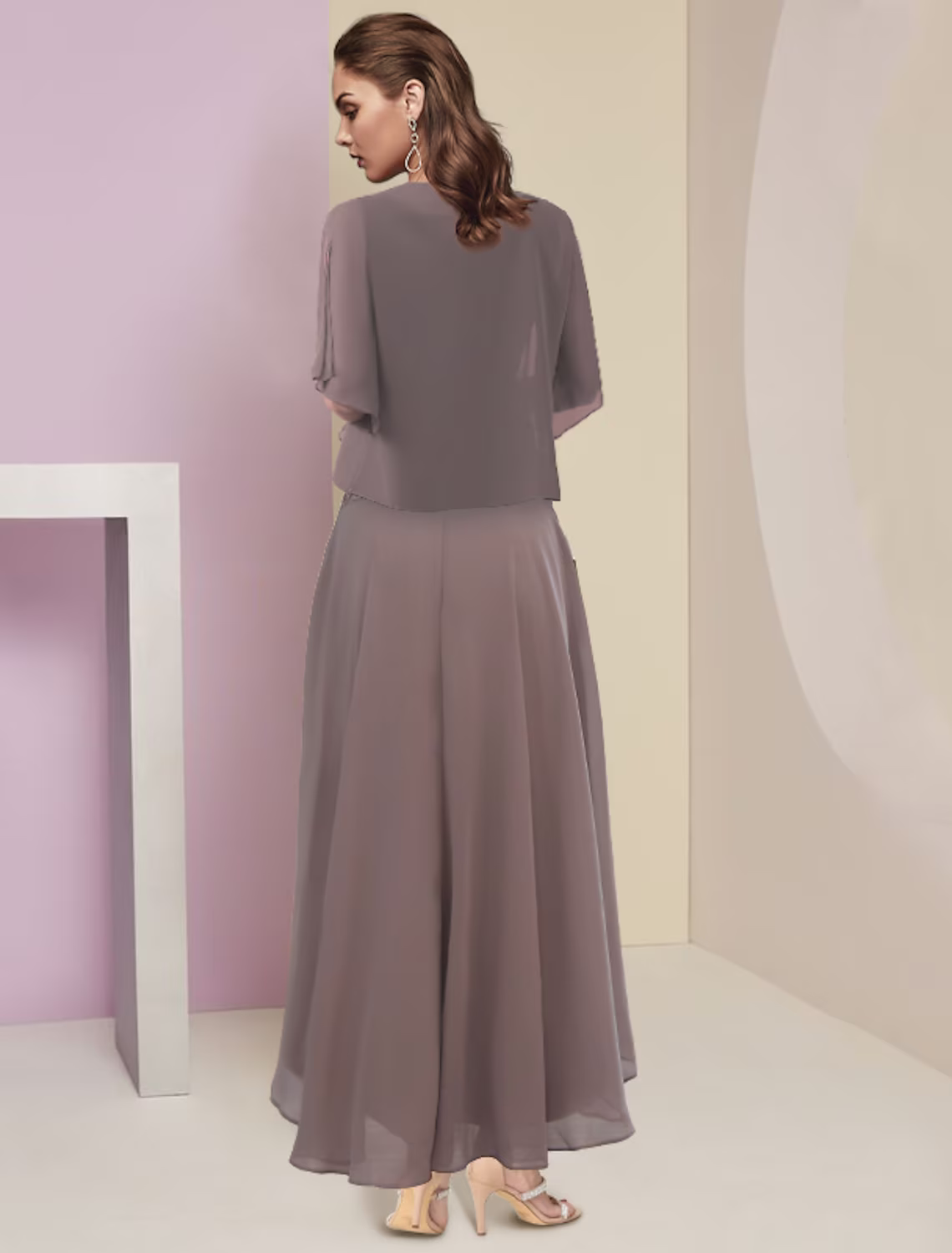 Two Piece A-Line Mother of the Bride Dress Formal Wedding Guest Party Elegant Scoop Neck Asymmetrical Chiffon Lace Sleeve Wrap Included with Beading Appliques