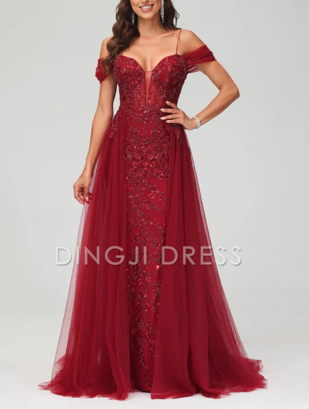 DingJiDress Evening Dress A-Line Off the Shoulder Beaded Tulle Applique Dress Train Intricate Fashion Formal Dress