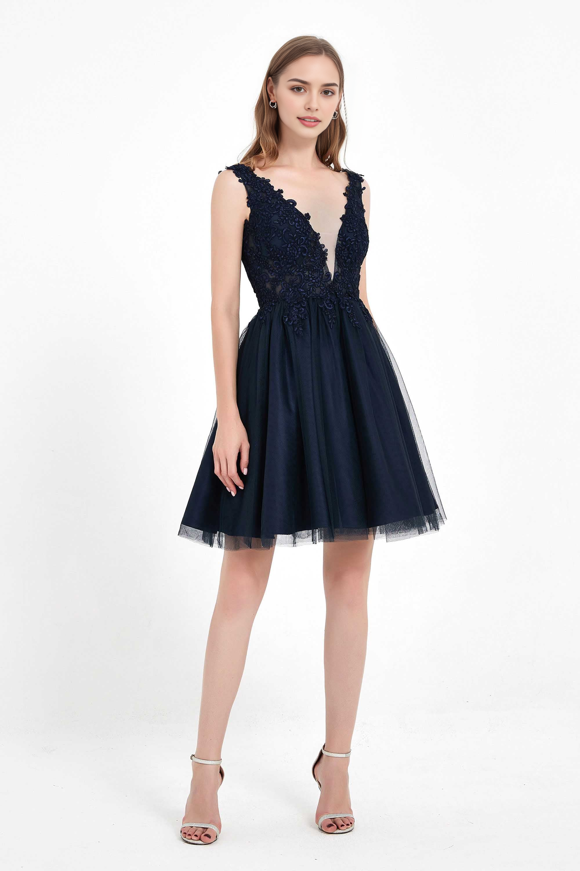 DingJiDress Hot Sale Homecoming Dress Exquisite A Line V Neck Sleeveless Backless Lace Applique Tulle Cute Short Dress