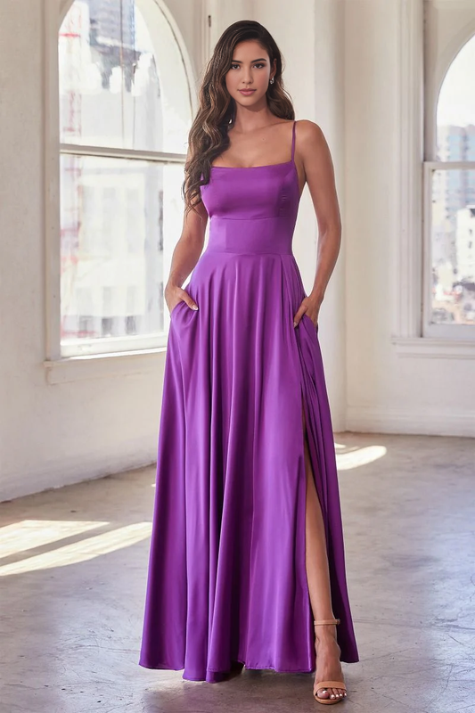 DingJiDress Bridesmaid Dresses Satin A-line Spaghetti Strap Side Fork Elegant Simple Dress Wedding Guests Dresses