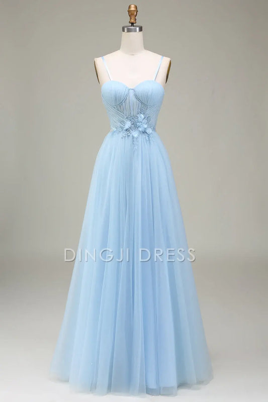 DingJiDress High Quality Dress Evening Dress Fantastic A-Line Sweetheart Spaghetti Strap Tulle Appliques Backless Long Prom Dress