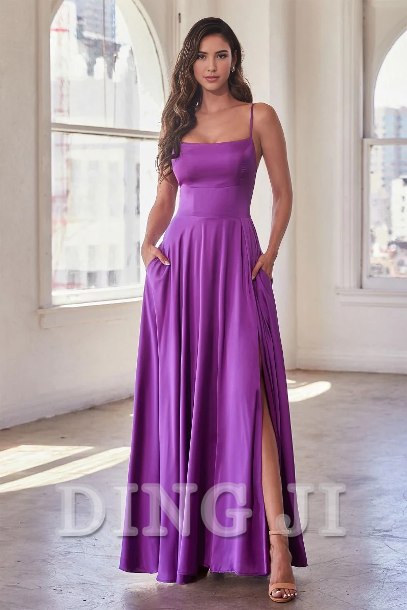 DingJiDress Bridesmaid Dresses Satin A-line Spaghetti Strap Side Fork Elegant Simple Dress Wedding Guests Dresses