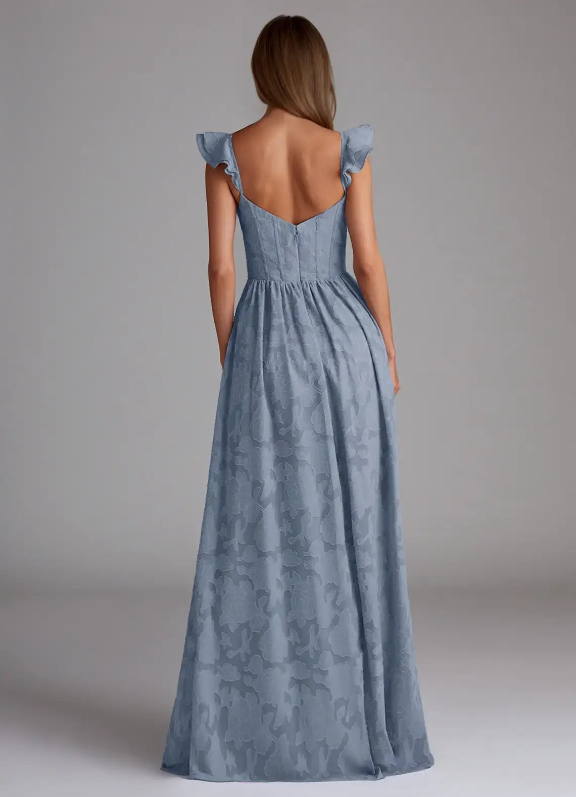 Blue Jacquard A Line Corset Sweetheart Neckline Lotus Leaf Edge Shoulder Strap Backless Leg Slit Affordable Formal Dress Retro Prom Dress