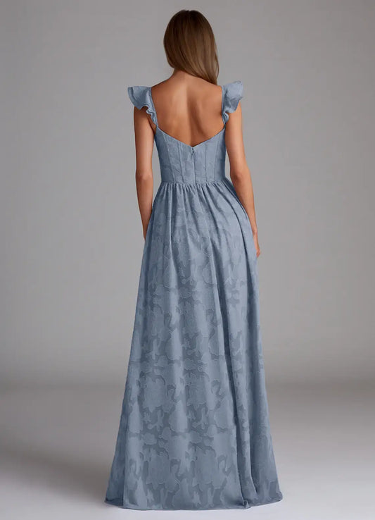 Blue Jacquard A Line Corset Sweetheart Neckline Lotus Leaf Edge Shoulder Strap Backless Leg Slit Affordable Formal Dress Retro Prom Dress