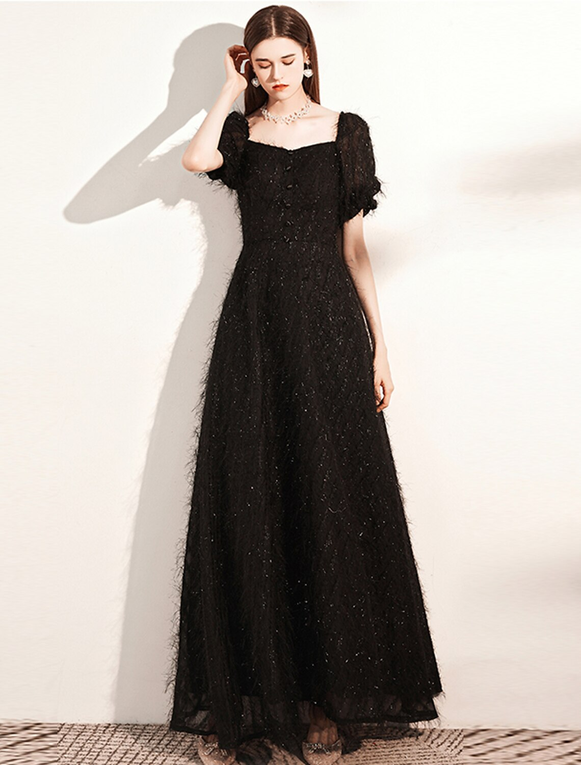 A-Line Evening Gown Dress Wedding Guest Floor Length Short Sleeve Scoop Neck Tulle with Buttons