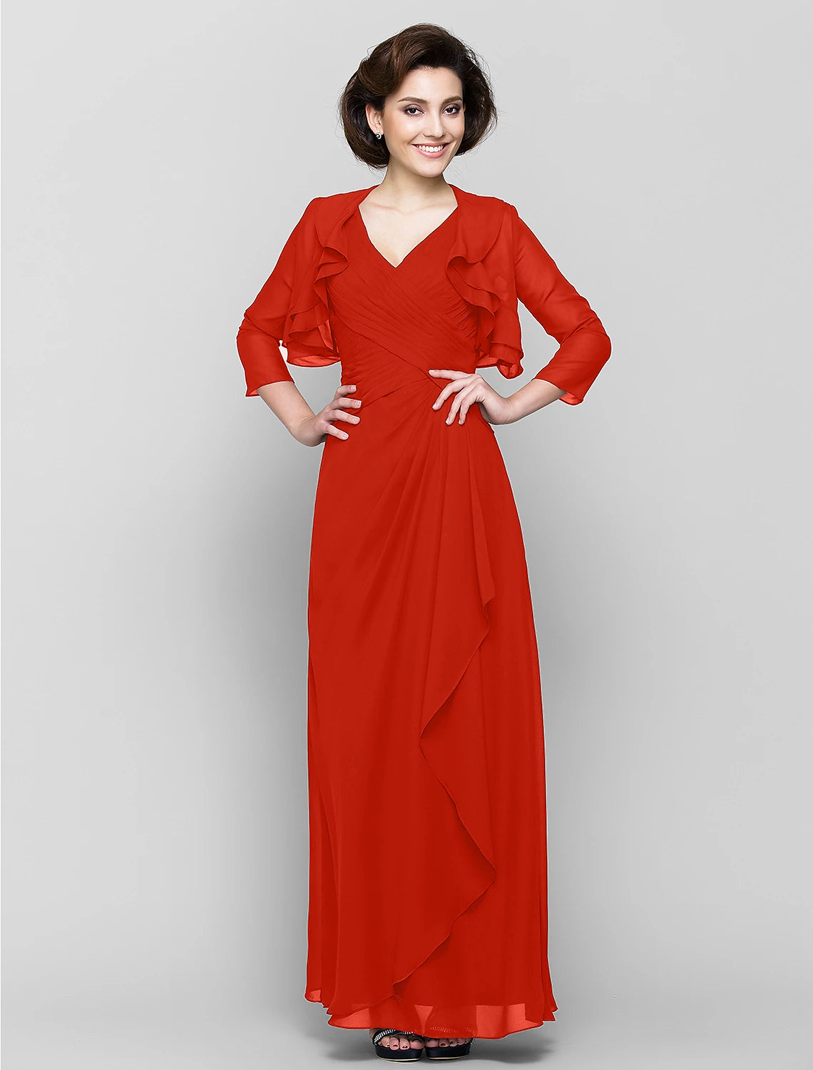 Sheath / Column Mother of the Bride Dress Convertible Dress V Neck Floor Length Chiffon 3/4 Length Sleeve with Criss Cross Cascading Ruffles