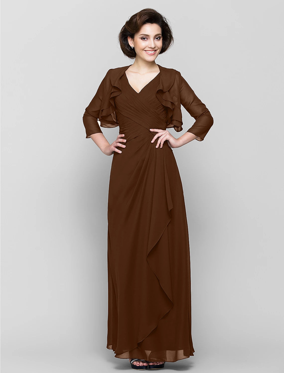 Sheath / Column Mother of the Bride Dress Convertible Dress V Neck Floor Length Chiffon 3/4 Length Sleeve with Criss Cross Cascading Ruffles