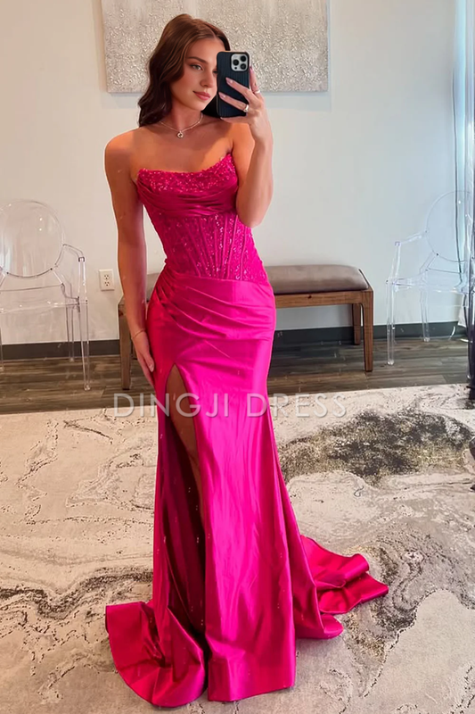 DingJiDress Charming Mermaid Strapless Lace Top Satin with Leg Slit Fashion Prom Dress