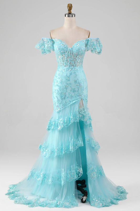 DingJiDress High Quality Dress Evening Dress Mermaid Off The Shoulder Lace Sequin Tiers Side Fork Sparkle Long Prom Dress