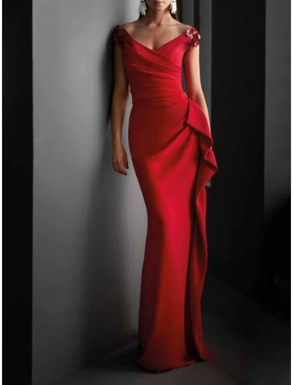 Sheath Party Dress Evening Gown Christmas Red Green Dress Formal Evening Sweep / Brush Train Short Sleeve V Neck Fall Wedding Guest Jersey with Draping