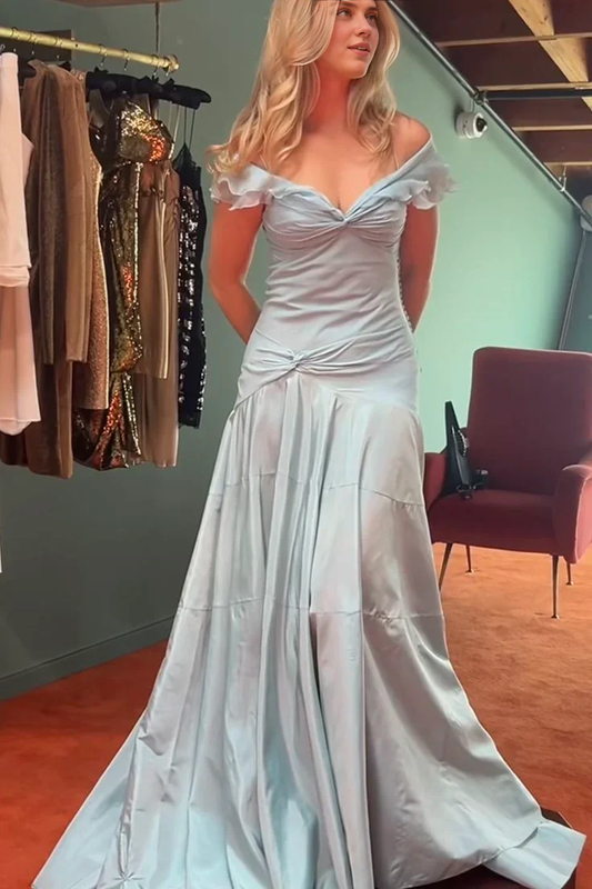 DingJiDress Retro A Line Off the Shoulder Pleated Long with Ruffles Elegant Prom Dress