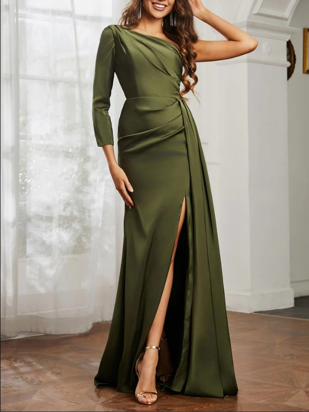 DingJiDress Evening Dress Sheath One Shoulder Long Sleeves Satin Pleated Side Fork Sweep Train Exquisite Formal Dress