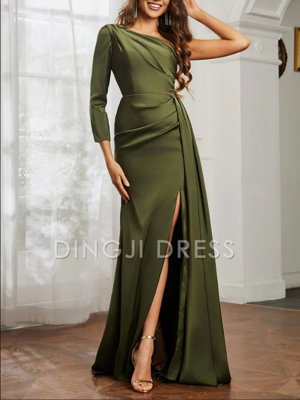 DingJiDress Evening Dress Sheath One Shoulder Long Sleeves Satin Pleated Side Fork Sweep Train Exquisite Formal Dress