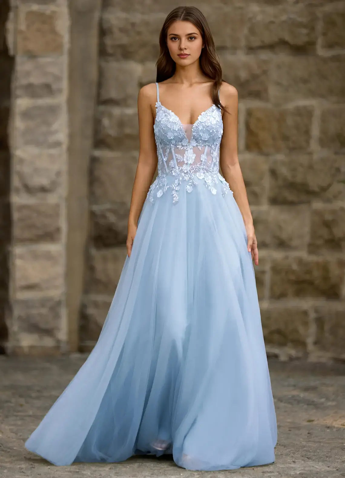 Blue Fashion A-line Spaghetti Strap Deep V Neck Bead String Flower Backless Exquisite Affordable Formal Dress Exquisite Prom Dress