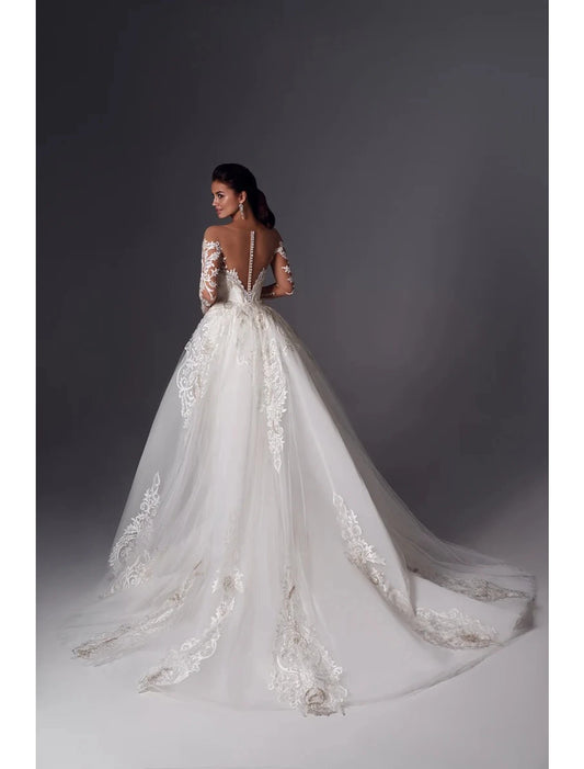 Engagement Formal Wedding Dresses Mermaid / Trumpet Off Shoulder Long Sleeve Court Train Satin Bridal Gowns With Appliques