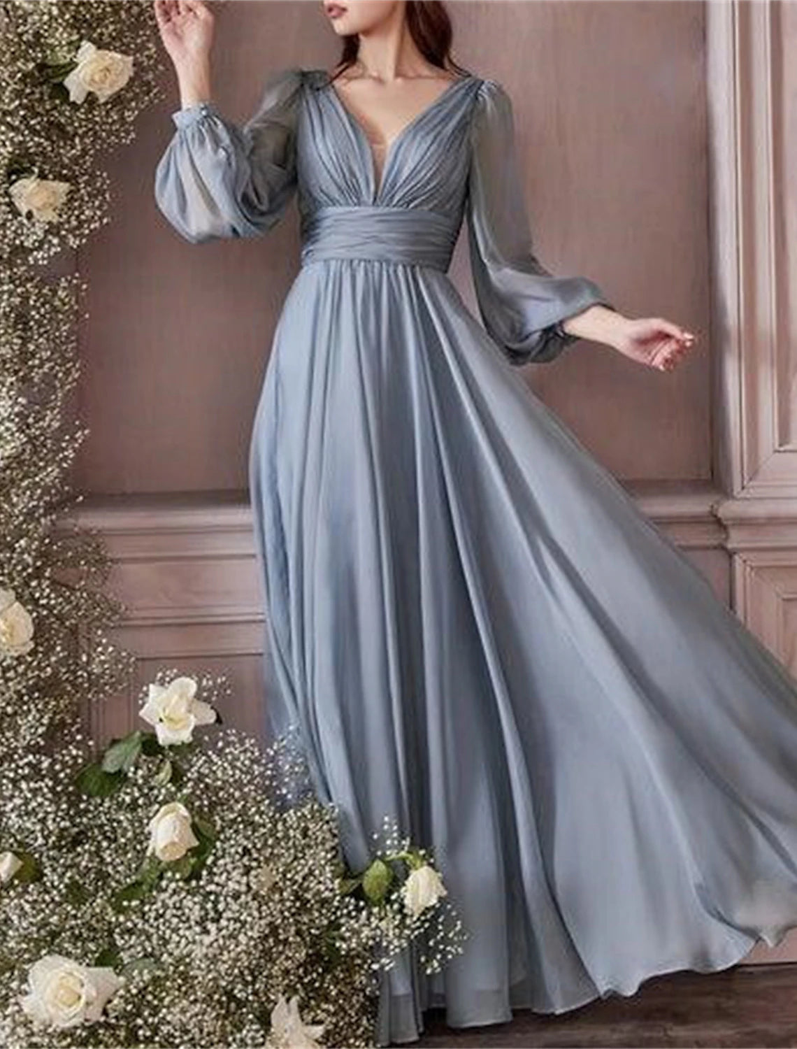 A-Line Bridesmaid Dress V Neck Long Sleeve Blue Floor Length Chiffon with Ruching