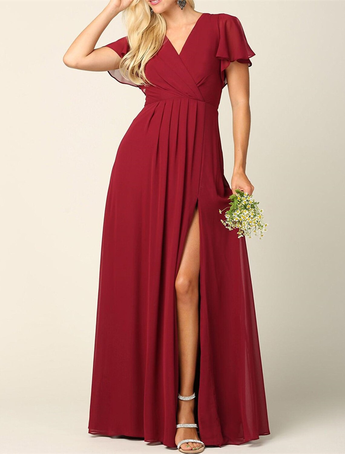 A-Line Bridesmaid Dress V Neck Short Sleeve Elegant Floor Length Chiffon with Split Front / Ruching