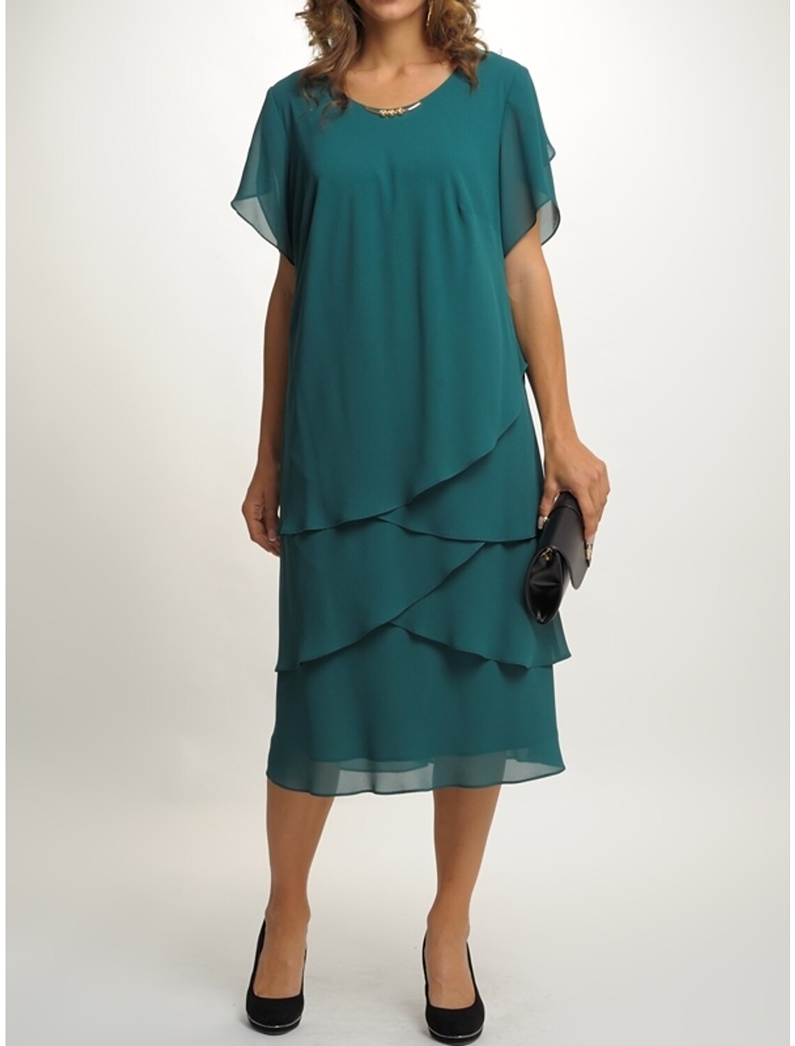 Sheath / Column Mother of the Bride Dress Wedding Guest Party Simple Elegant Scoop Neck Tea Length Chiffon Short Sleeve with Tier