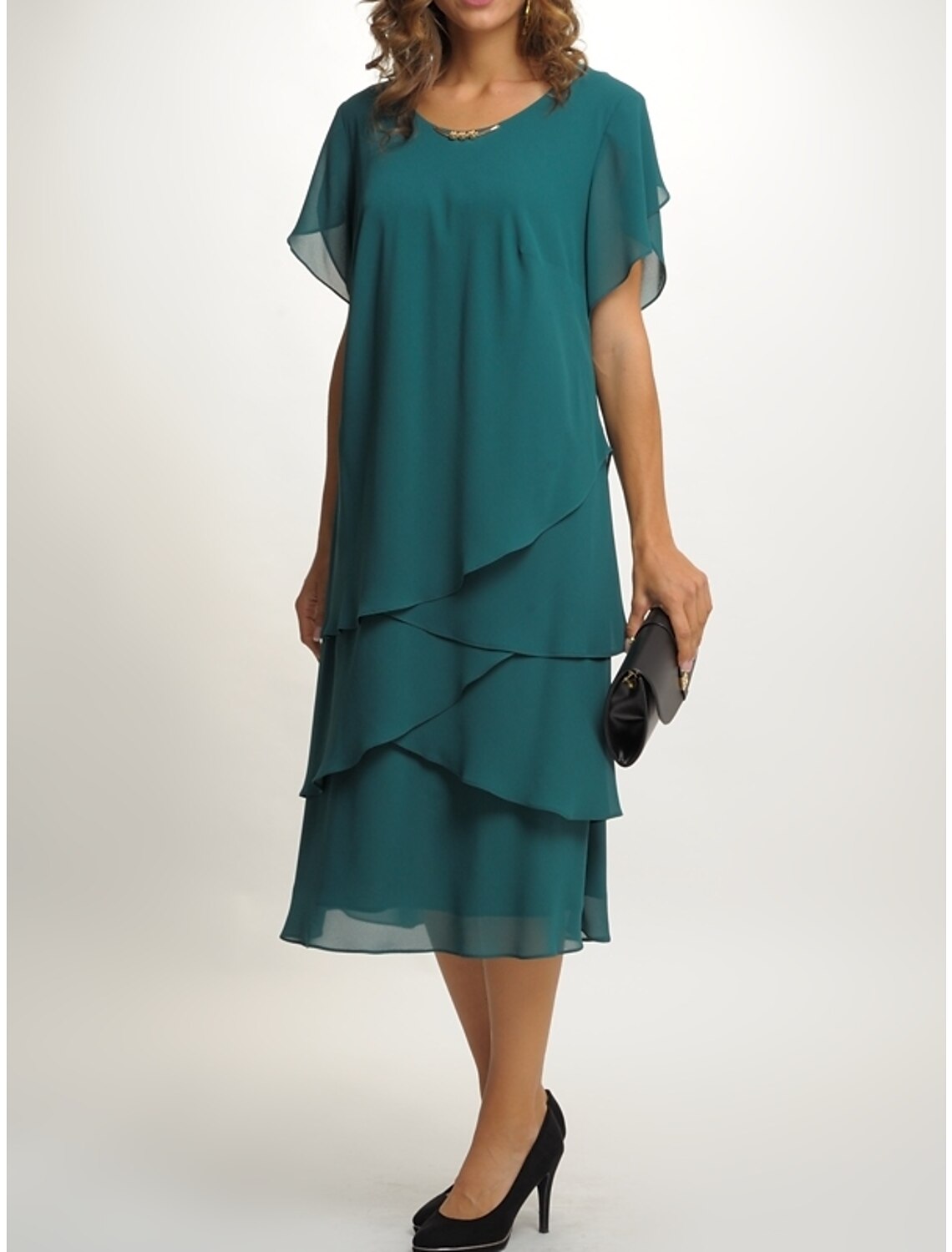 Sheath / Column Mother of the Bride Dress Wedding Guest Party Simple Elegant Scoop Neck Tea Length Chiffon Short Sleeve with Tier