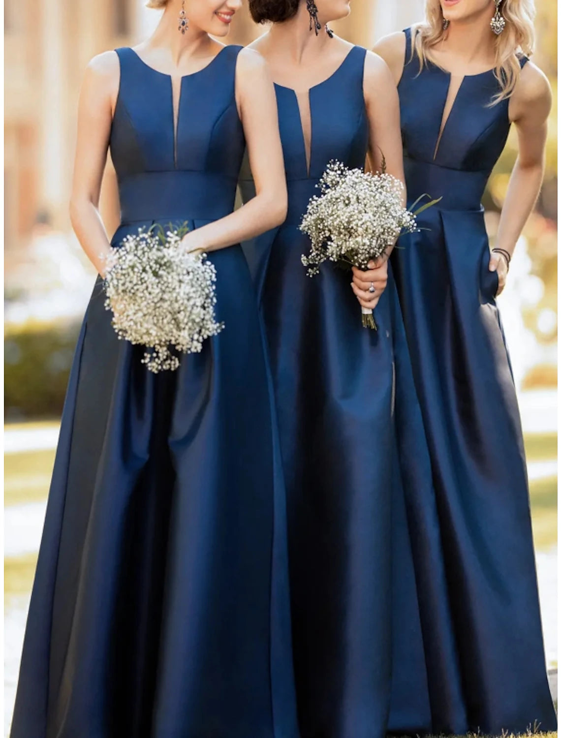 Sheath / Column Bridesmaid Dress Scoop Neck Sleeveless Blue Floor Length Satin with Pleats