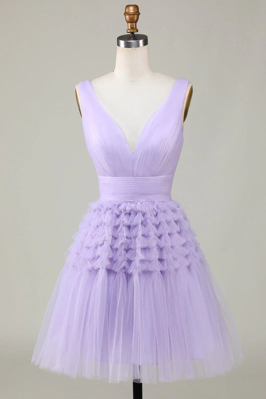 DingJiDress High Quality Dress Tulle V-Neck Pleated Fashion Short Prom Dress