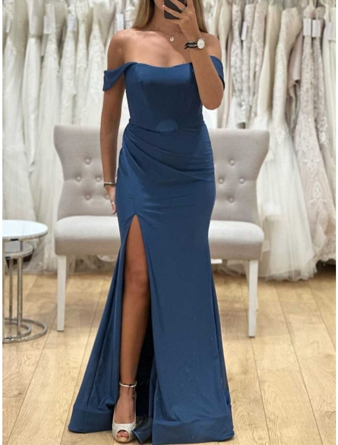 Sheath / Column Bridesmaid Dress Off Shoulder Short Sleeve Blue Floor Length Stretch Fabric with Split Front / Ruching