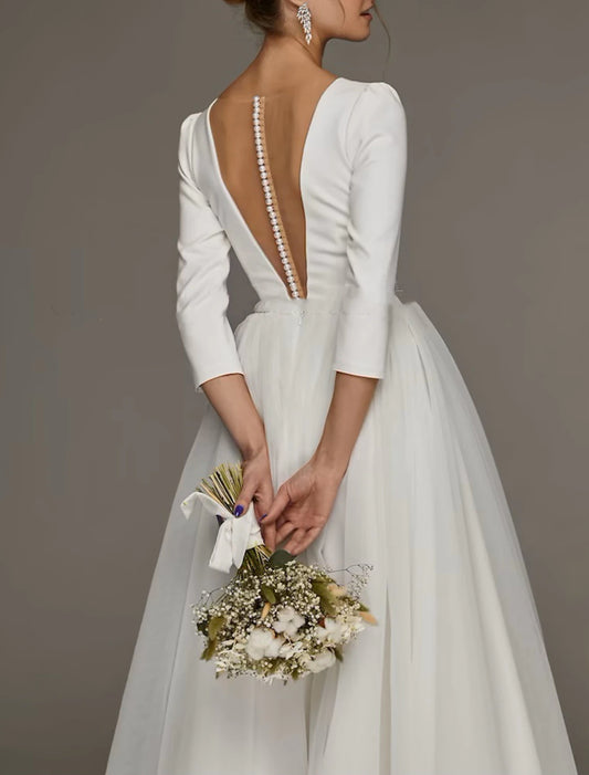 Reception Vintage 1940s / 1950s Little White Dresses Wedding Dresses A-Line V Neck 3/4 Length Sleeve Tea Length Satin Bridal Gowns