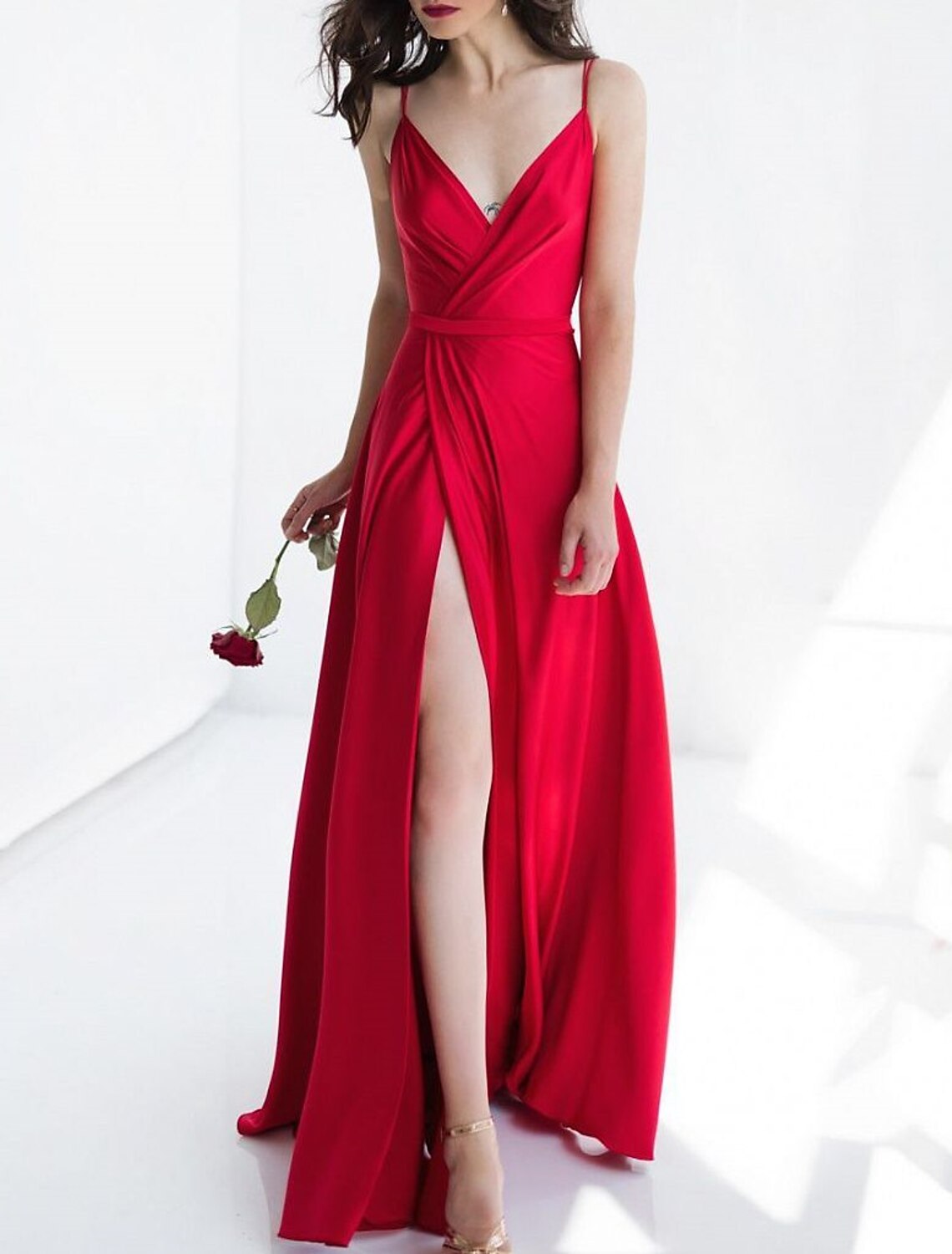 A-Line Bridesmaid Dress Spaghetti Strap Sleeveless Open Back Floor Length Stretch Satin with Split Front