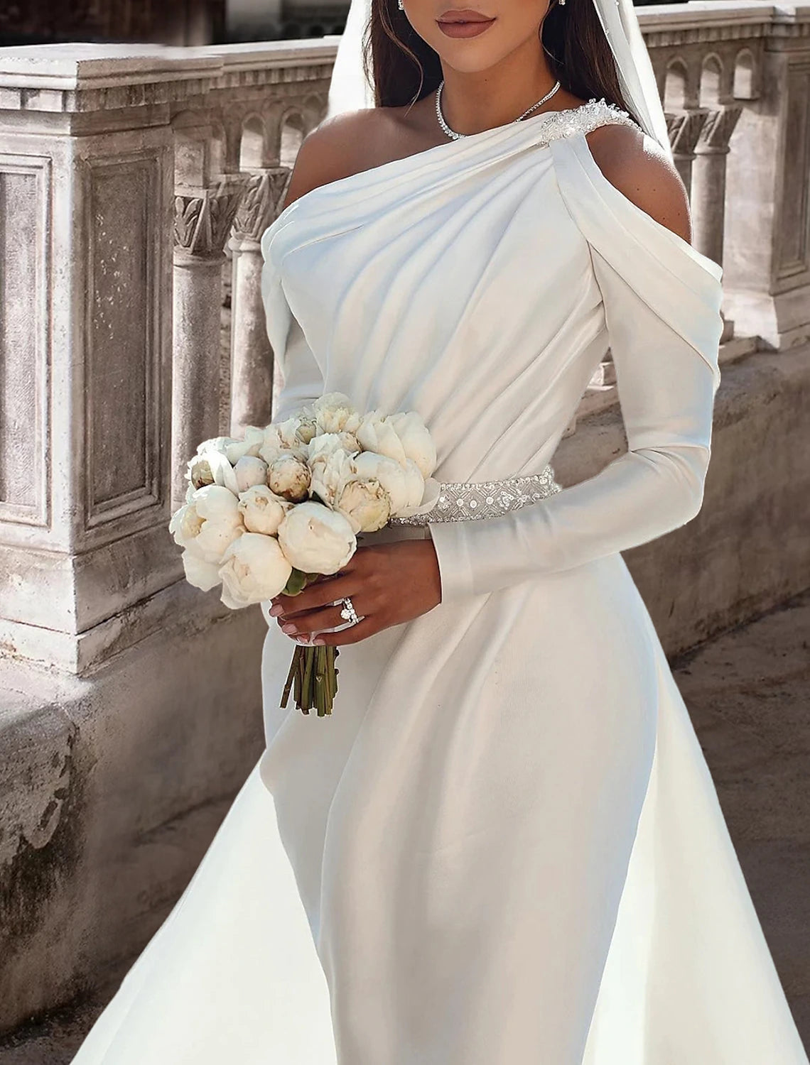Formal Wedding Dresses Two Piece One Shoulder Long Sleeve Floor Length Satin Bridal Gowns With Sash / Ribbon Beading